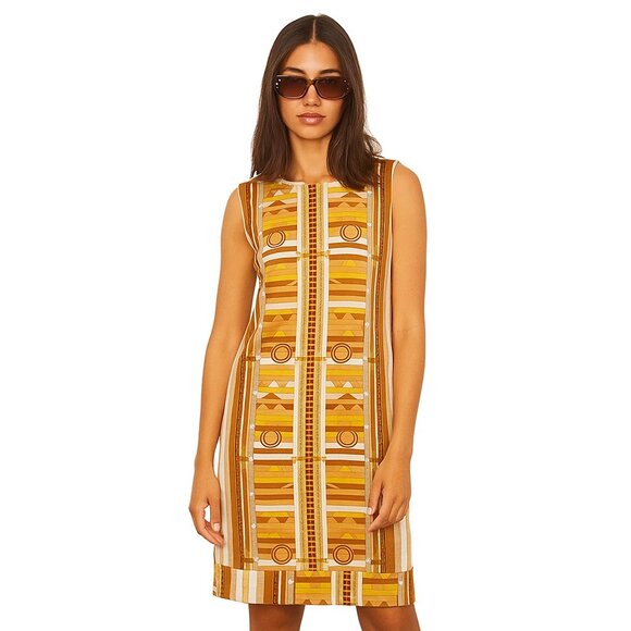 ALEX COLEMAN CA x VINTAGE 60’s 70’s Op Art Geo Spaceage Mod Mini Dress in gold - Picture 1 of 10